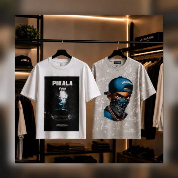 عرض قطعتين تيشرت رجالي قناع + PIKALA – أبيض ورصاصي