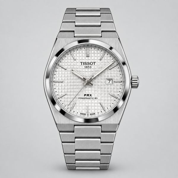 ساعة TISSOT PRX رجالي ستانلس ستيل بظهر شفاف ونافذة تاريخ